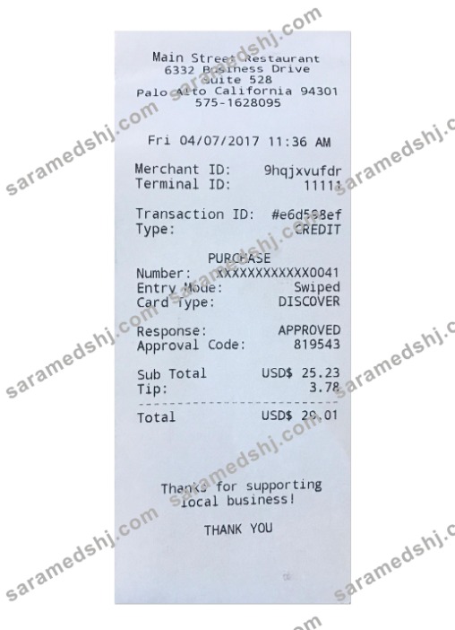 MAIN STREET RESTAURANT payment check